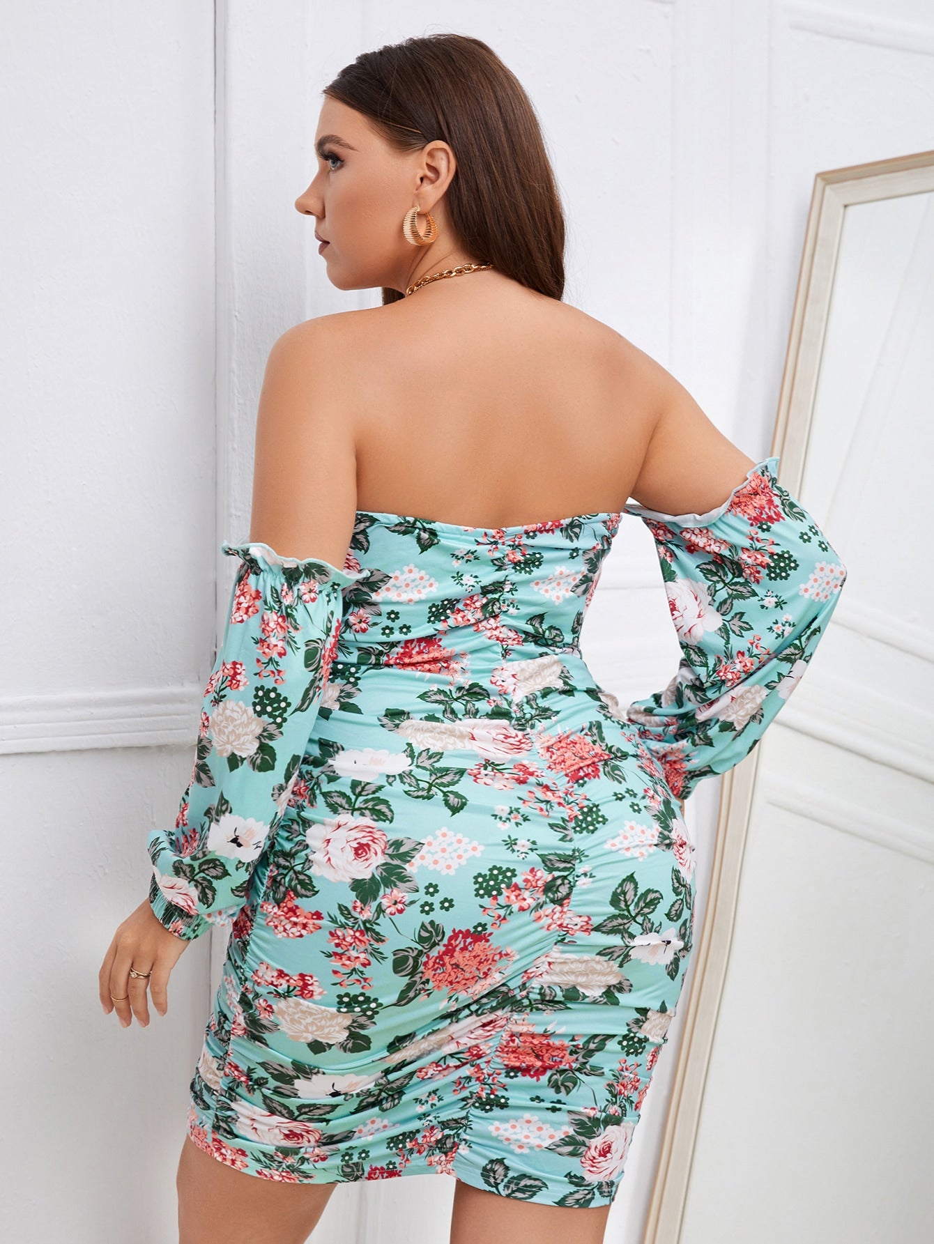 Plus Floral Print Off Shoulder Drawstring Front Bodycon Dress