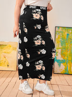 Plus Letter Tape Floral Print Straight Skirt