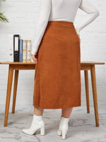 Plus Solid Corduroy Button Front Skirt