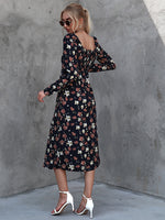 Floral Print Square Neck Split Thigh Dress