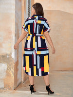 Plus Geo Print Color Block Dolman Sleeve Belted Dress