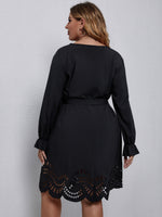 Plus Laser Cut Out Flounce Sleeve Overlap Collar Belted Dress