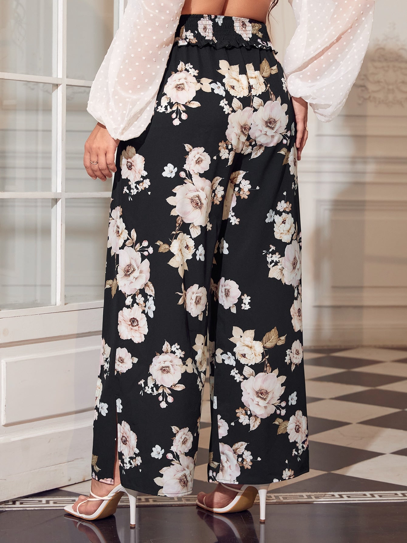 Plus Floral Print Elastic Waist Pants