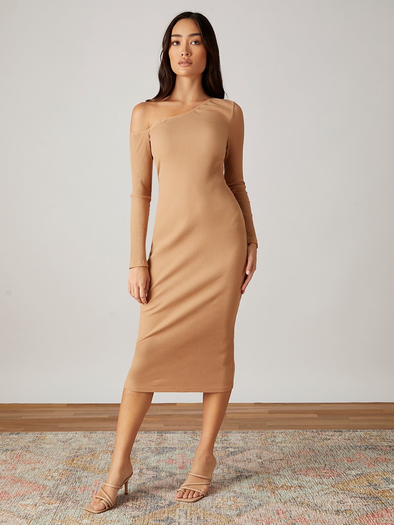 Asymmetrical Neck Rib-knit Dress