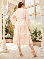 Plus 1pc Guipure Lace Insert Lantern Sleeve Mesh Dress