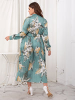 Plus Tropical Print Tie Neck Pleated Hem Belted Satin Dress