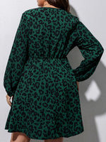 Plus Leopard Print Surplice Neck Lantern Sleeve Dress