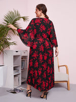 Plus Floral Print Flounce Sleeve Pleated Dress Without Belt