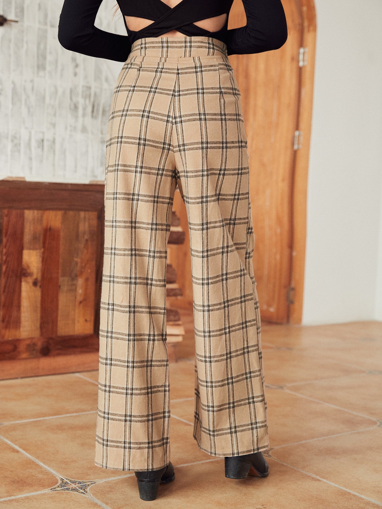 High Waist Plaid Wide Leg Pants