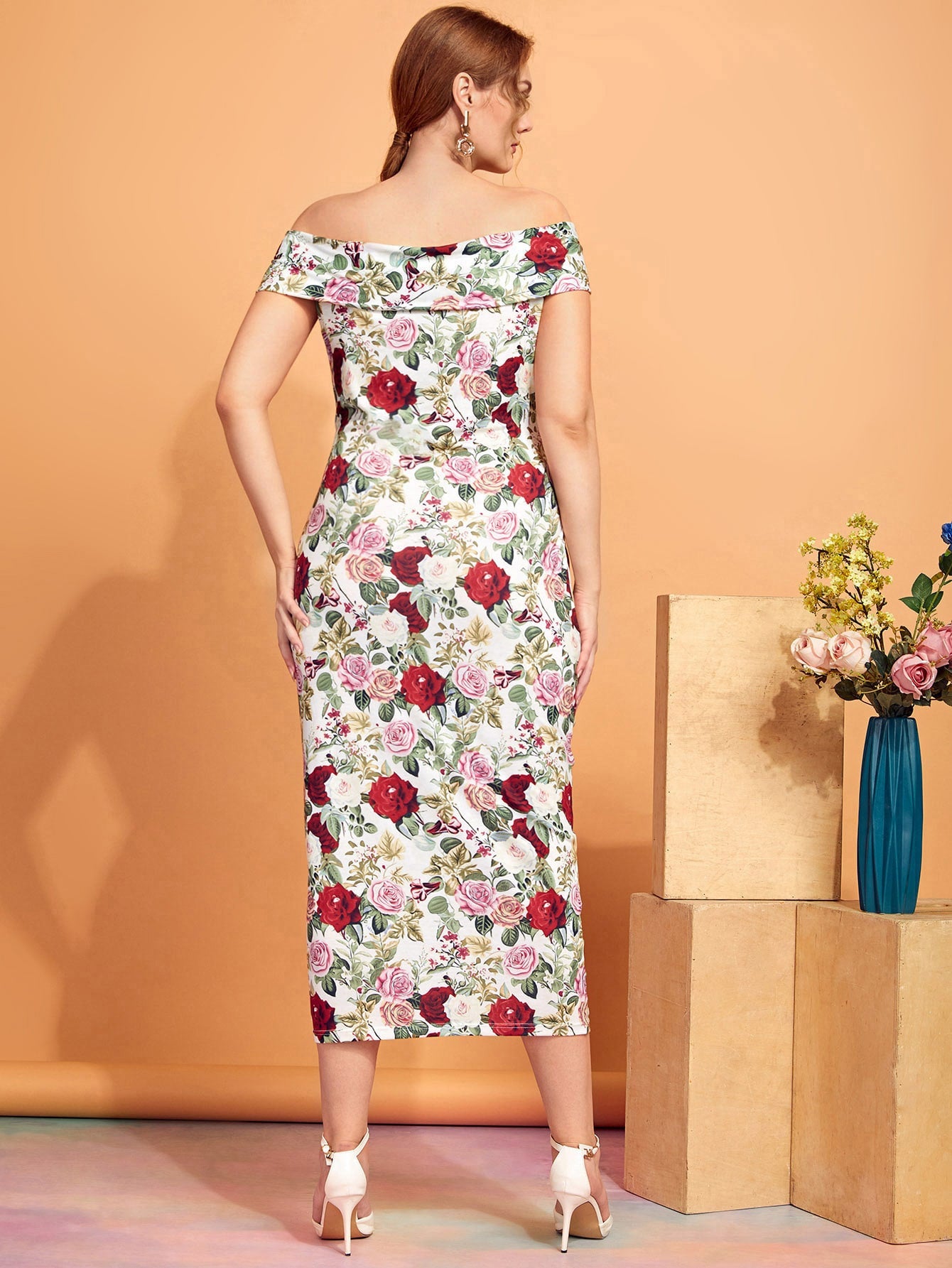 Plus Floral Print Twist Off Shoulder Ruched Dress