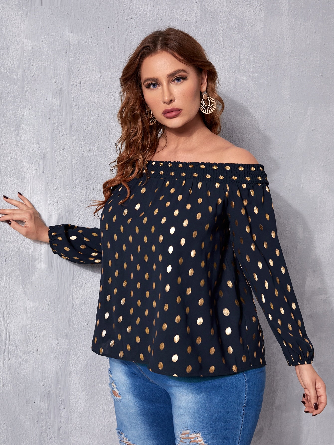 Plus Gold Dot Print Off Shoulder Shirred Blouse