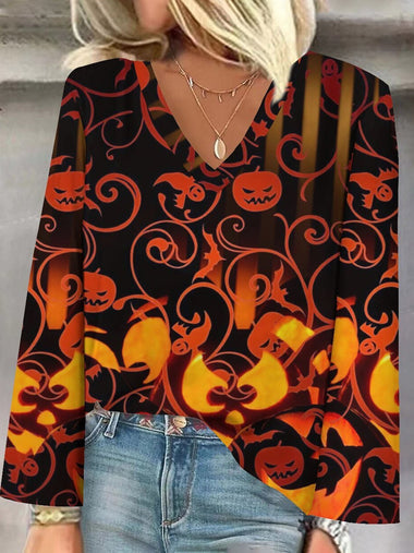 Casual Long Sleeve V Neck Halloween Loose Regular Blouse