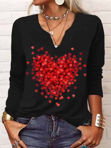 Loose Long Sleeve V Neck Heart/Cordate Casual Regular T-Shirt