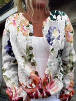 Loose Crew Neck Long Sleeve Floral Casual Regular Jacket