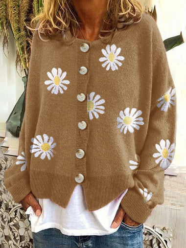 Casual Long Sleeve Floral Loose Mid-Long Sweater