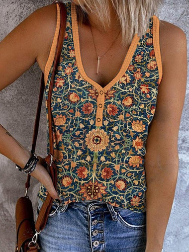 Casual Sleeveless V Neck Ethnic Regular Tank Top