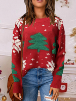 Loose Long Sleeve Crew Neck Christmas Tree Casual Regular Sweater