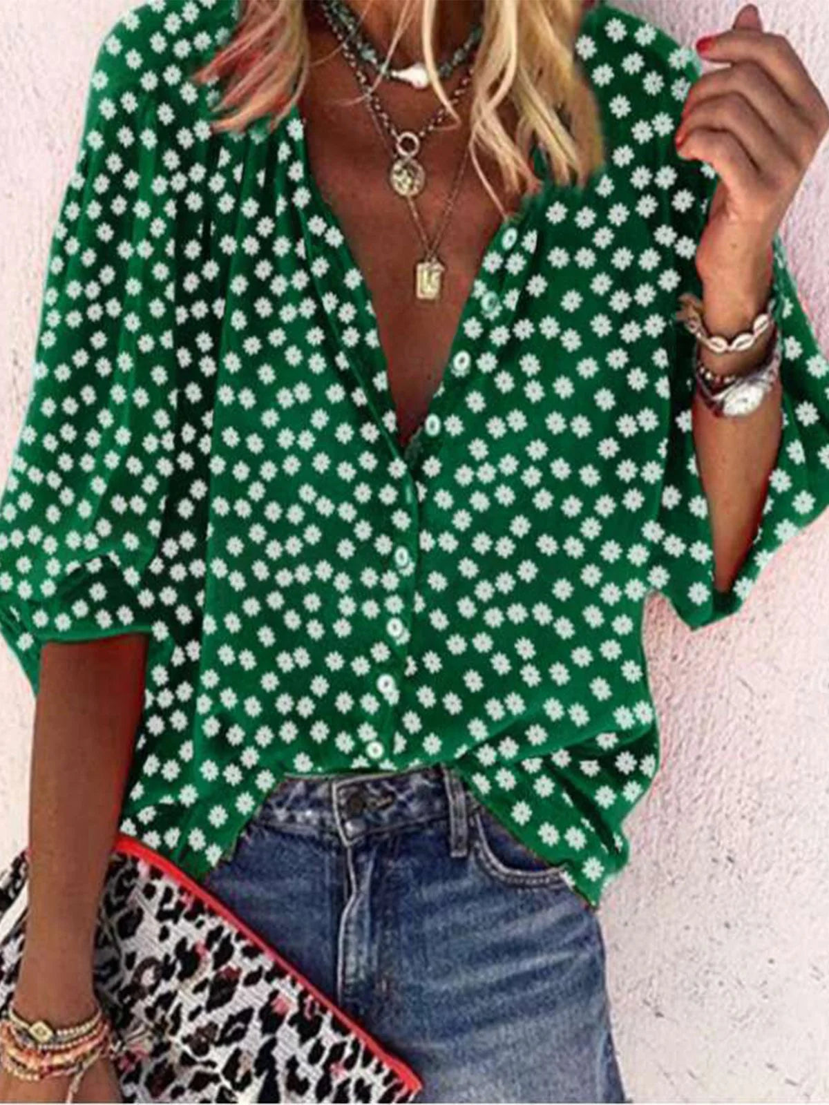 Casual Half Sleeve Stand Collar Floral Loose Regular Shirt