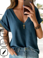 Casual Short Sleeve V Neck Plain Loose Regular Blouse