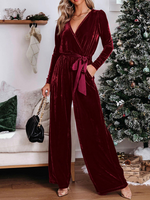 Long Sleeve V Neck Plain Casual Ankle Jumpsuit