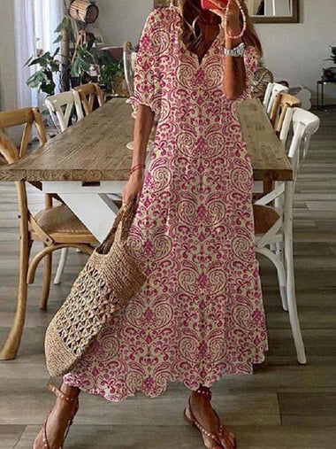 Casual Short Sleeve V Neck Floral Maxi Dress