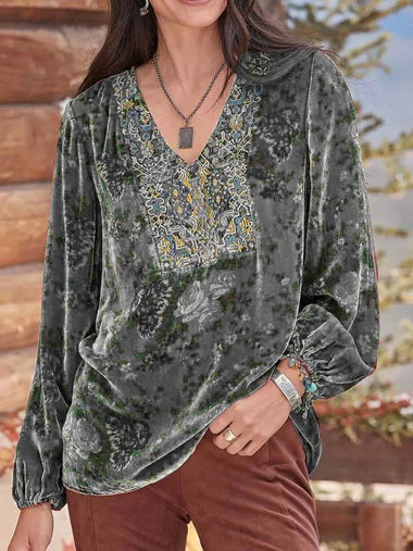 Casual Long Sleeve V Neck Ethnic Loose Regular Blouse