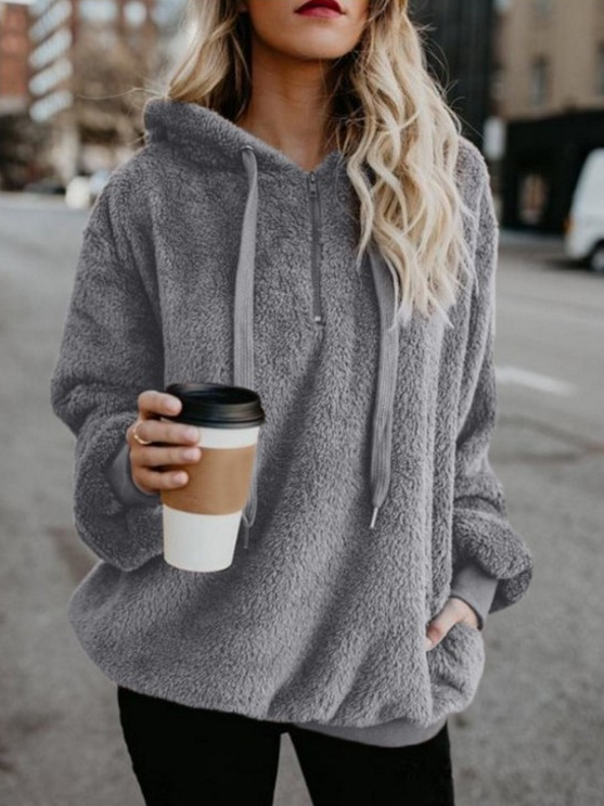 Casual Long Sleeve Hoodie Plain Zipper Loose Regular Sweatshirt