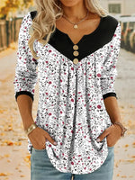 Casual Long Sleeve Notched Floral Loose Regular Blouse