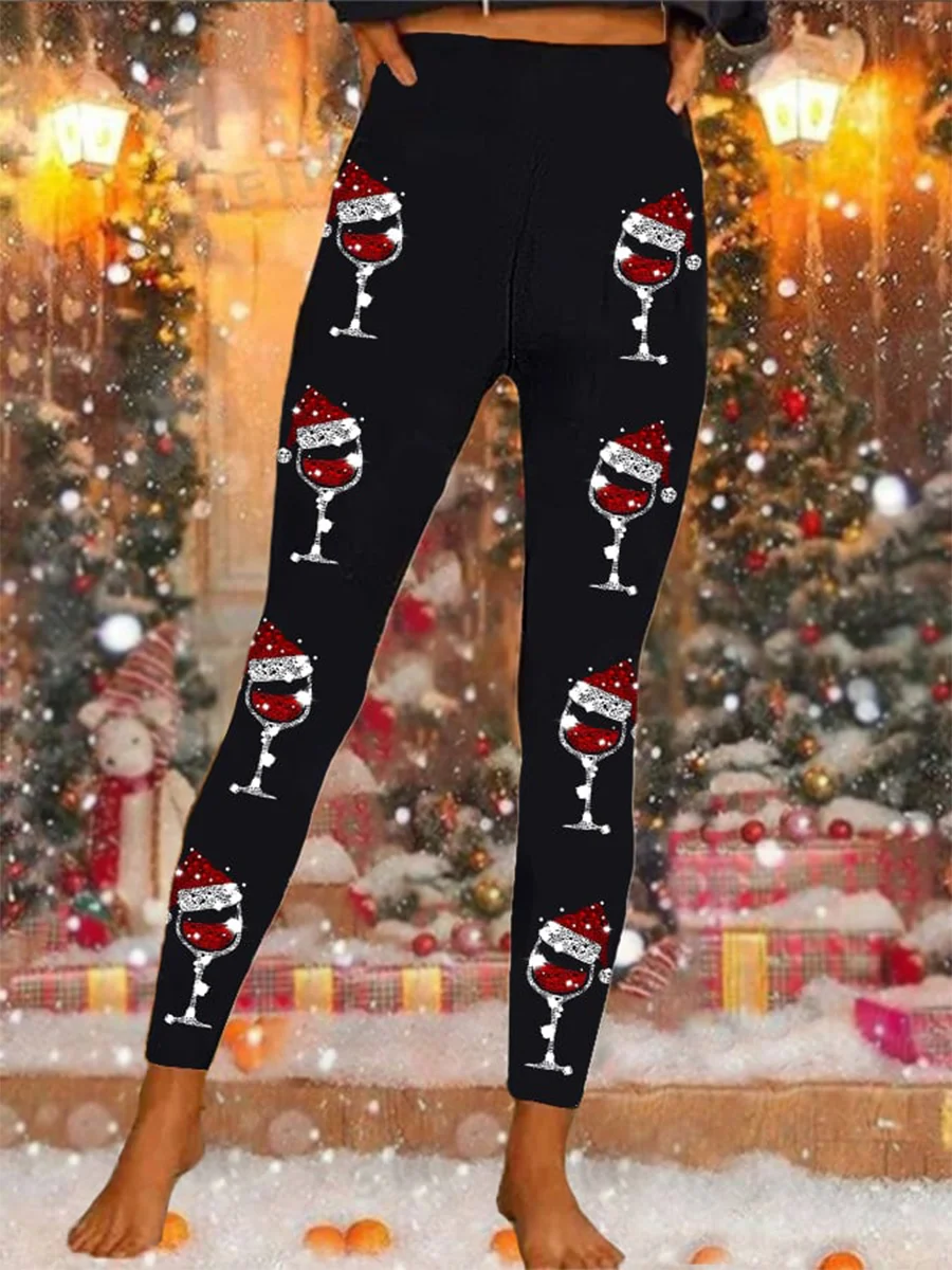 Tight Christmas Wine Glass Casual Long Leggings