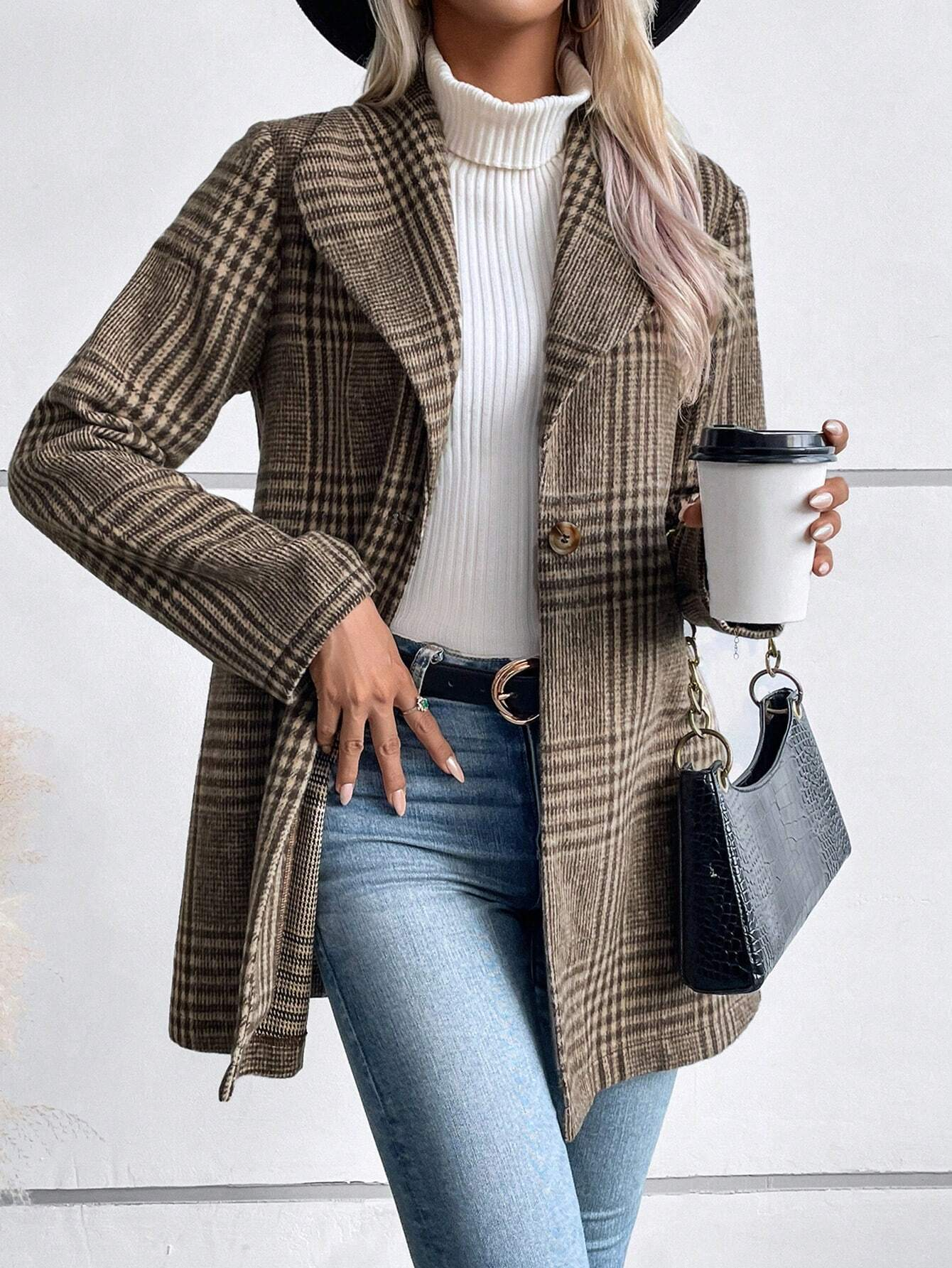 Loose Shawl Collar Long Sleeve Plaid Casual Regular Jacket