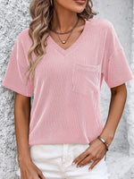 Casual Short Sleeve V Neck Plain Regular Blouse