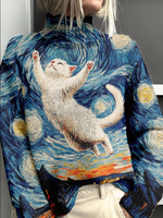 Vintage Long Sleeve Mock Neck Pop Art Print Cat Loose Regular Sweatshirt