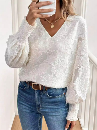 Casual Long Sleeve V Neck Plain Loose Regular Blouse