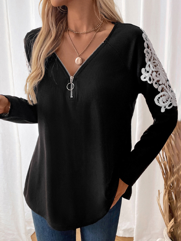 Loose Long Sleeve V Neck Plain Zipper Casual Regular Blouse