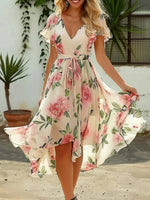 Vacation Short Sleeve V Neck Floral Midi Dress