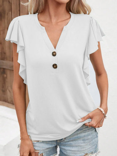 Casual Short Sleeve V Neck Plain Loose Regular Blouse