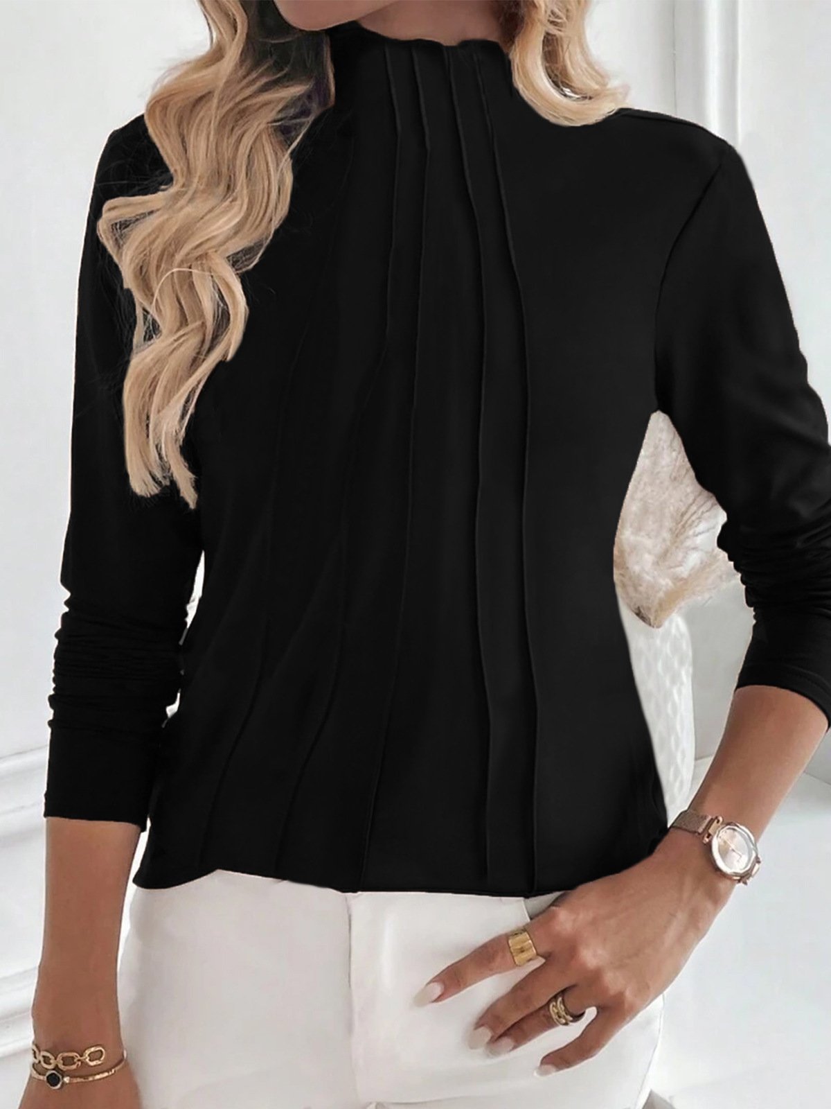 Casual Long Sleeve Crew Neck Plain Loose Regular Blouse