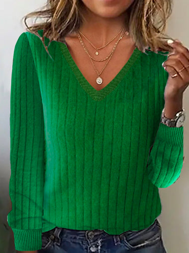 Casual Long Sleeve V Neck Plain Loose Regular Sweater