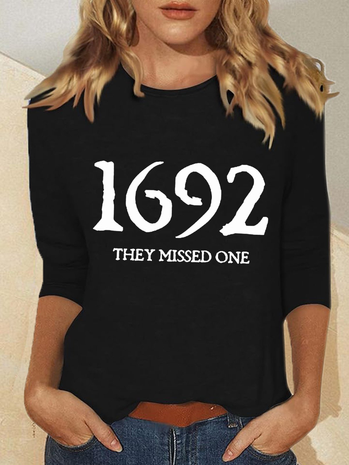 Loose Long Sleeve Crew Neck Text Letters Casual Regular T-Shirt