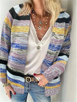 Loose Long Sleeve Multicolor Block Casual Regular Cardigan