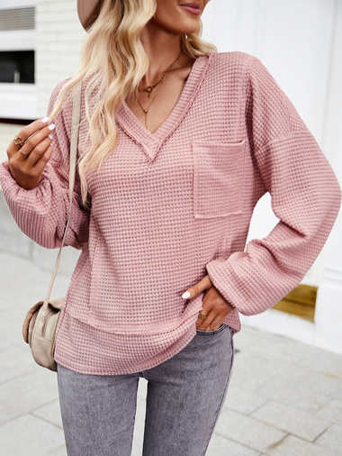 Casual Long Sleeve V Neck Plain Regular Blouse