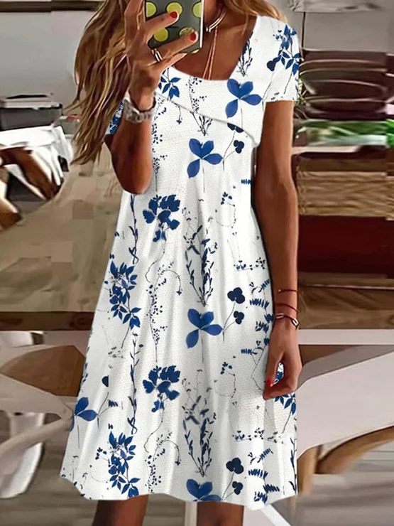 Casual Short Sleeve Asymmetrical Floral Loose Short Dress