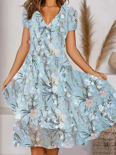 Casual Short Sleeve V Neck Floral Loose Midi Dress