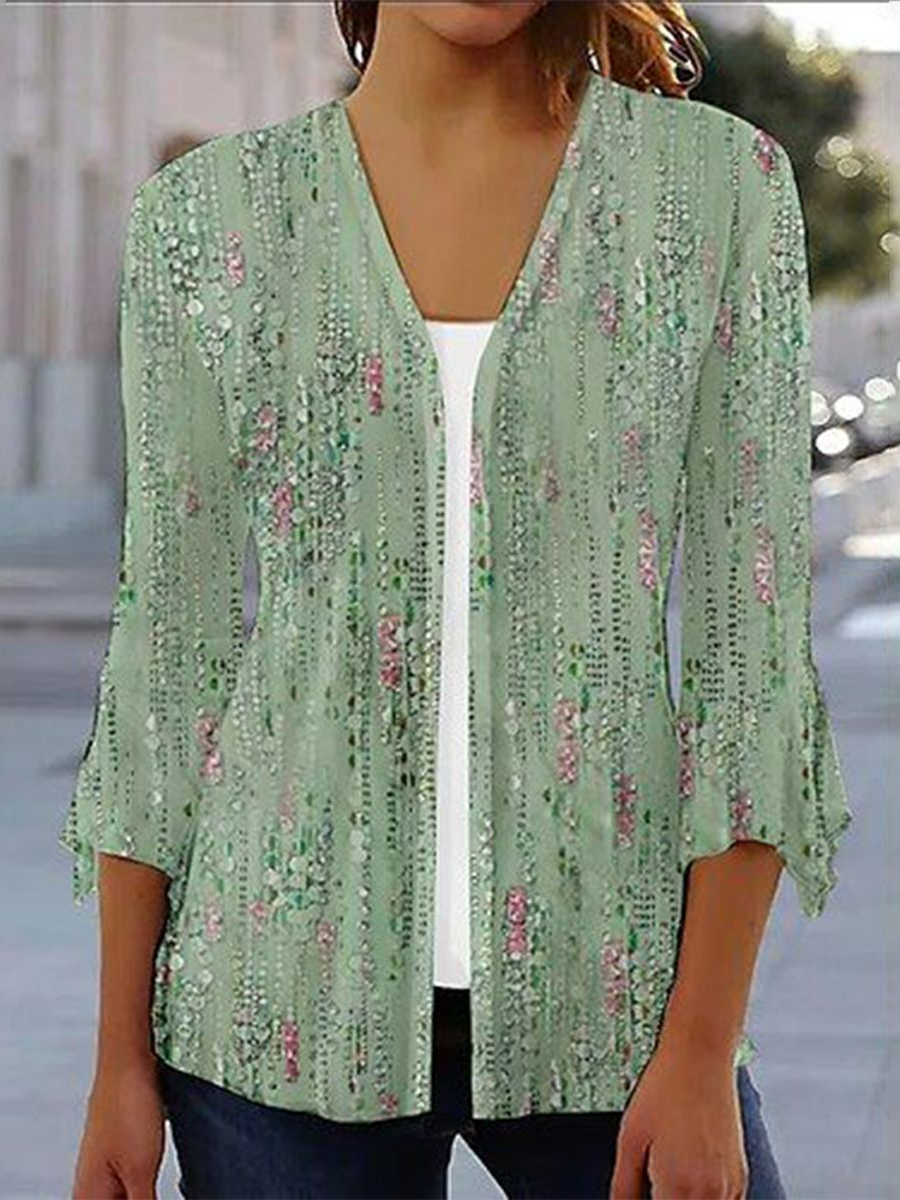 Vacation Three Quarter Sleeve V Neck Floral Pattern Loose Regular Shirt