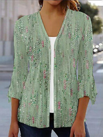 Loose V Neck Three Quarter Sleeve Random Print Casual Mid-Long Cardigan