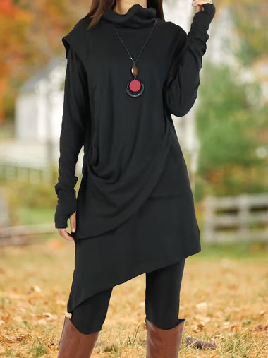 Casual Long Sleeve Turtleneck Plain Irregular Craftsmanship Midi Dress