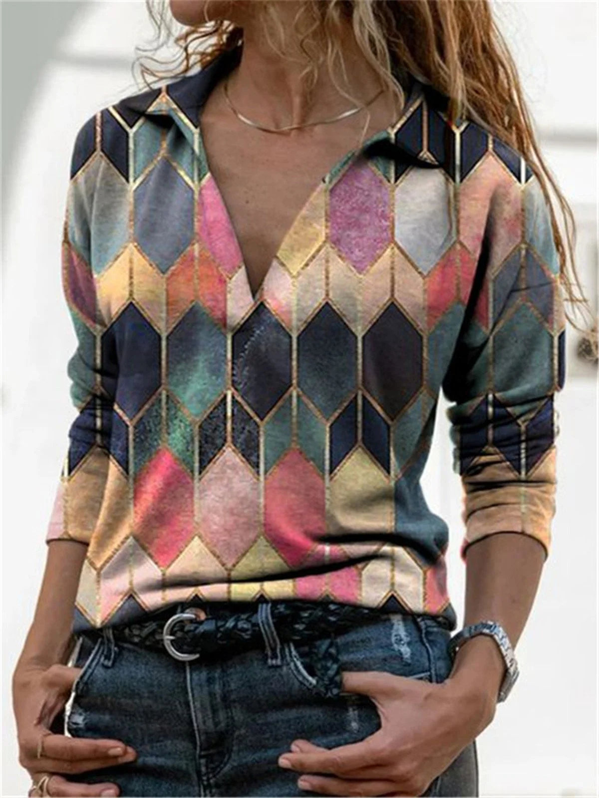 Long Sleeve Shawl Collar Abstract Graphic Asymmetric Casual Regular T-Shirt