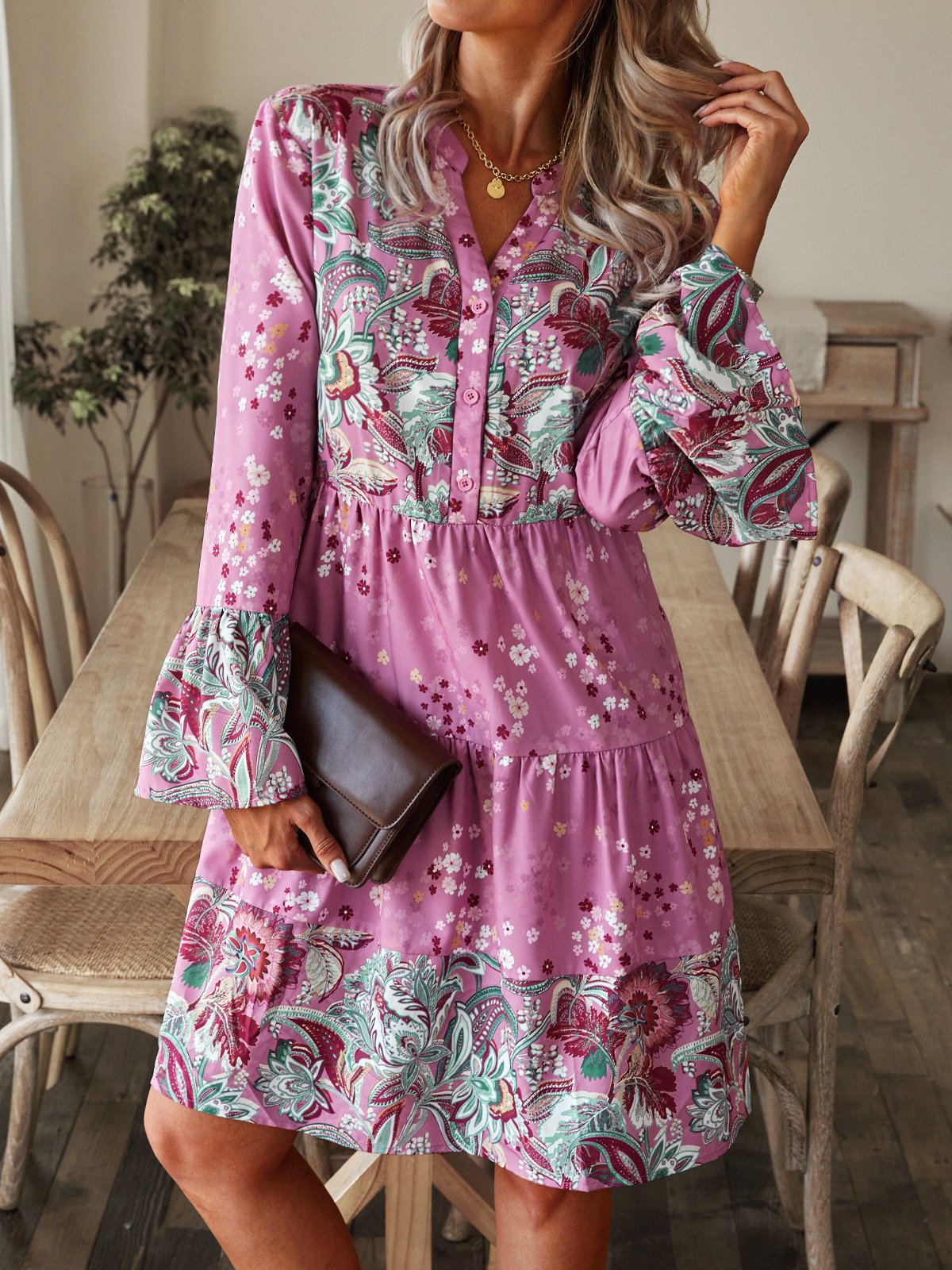 Casual Long Sleeve V Neck Floral Loose Short Dress