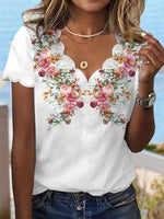 Loose Short Sleeve Lace Collar Floral Casual Regular Blouse