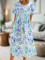 Casual Short Sleeve Crew Neck Floral Ruched Loose Midi Dress